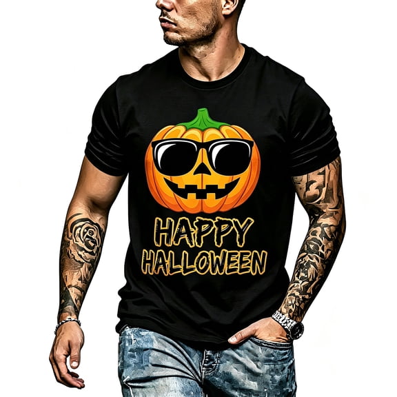 Men's Black Crew Neck Halloween Graphic T-Shirt, Happy Halloween Cool Pumpkin Sunglasses Short Sleeve Tee