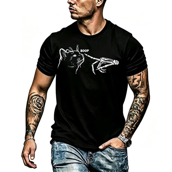 Men's Black Crew Neck Halloween Graphic T-Shirt, Skeleton Hand Boop Cat Spooky Short Sleeve Tee