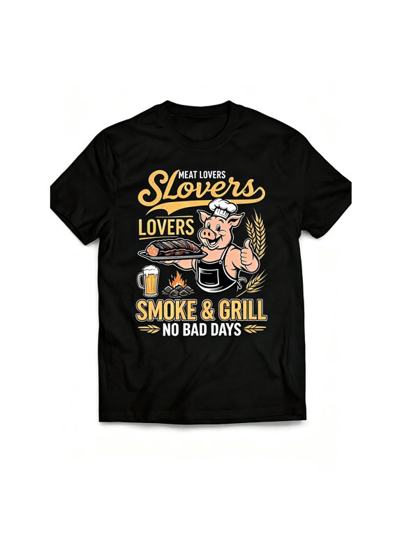 Men's Black Crew Neck Oversized Graphic T‑Shirt, Meat Lover Barbecue Graphic Casual Short Sleeve Tee