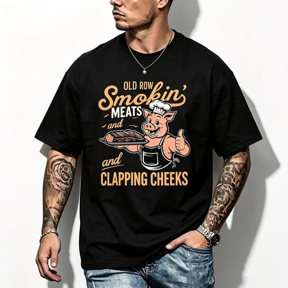 Men's Black Crew Neck Oversized Graphic T‑Shirt, Retro Pig Chef BBQ Funny Short Sleeve Tee
