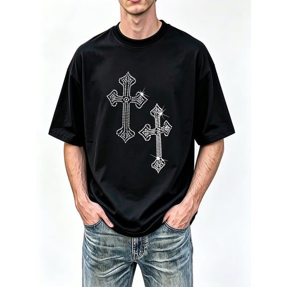 Men's Black Crew Neck Oversized Graphic T-Shirt, Rhinestone Double Cross Y2K Streetwear Short Sleeve Tee