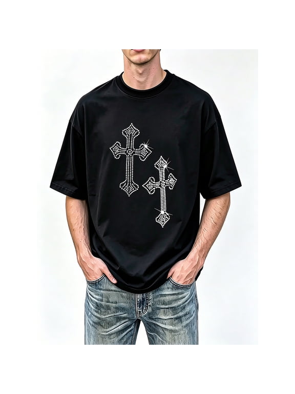 Men's Black Crew Neck Oversized Graphic T-Shirt, Rhinestone Double Cross Y2K Streetwear Short Sleeve Tee