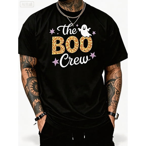 Men's Black Crew Neck Oversized Halloween Graphic T-Shirt, The Boo Crew Ghost Spooky Holiday Short Sleeve Tee