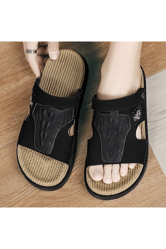 Men's Black Croc Embossed Convertible Back Strap Sandals Linen Massage Insole Breathable Casual Summer Beach Slippers