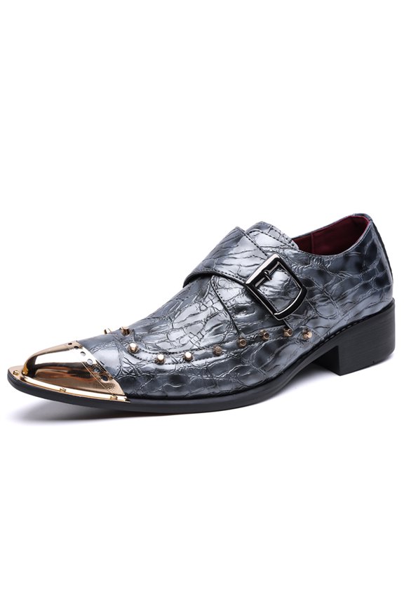 Men's Black Croc-Embossed Studded Gold-Toe Monk Strap Dress Shoes