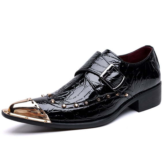 Men's Black Croc-Embossed Studded Gold-Toe Monk Strap Dress Shoes