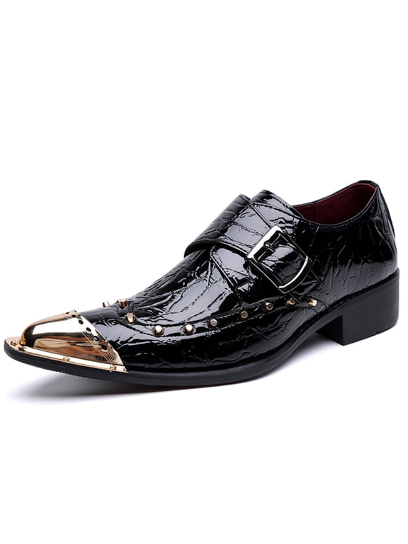 Men's Black Croc-Embossed Studded Gold-Toe Monk Strap Dress Shoes