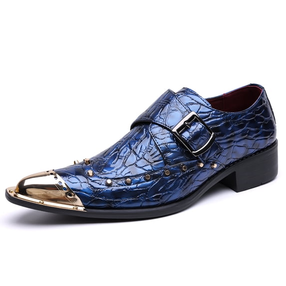 Men's Black Croc-Embossed Studded Gold-Toe Monk Strap Dress Shoes