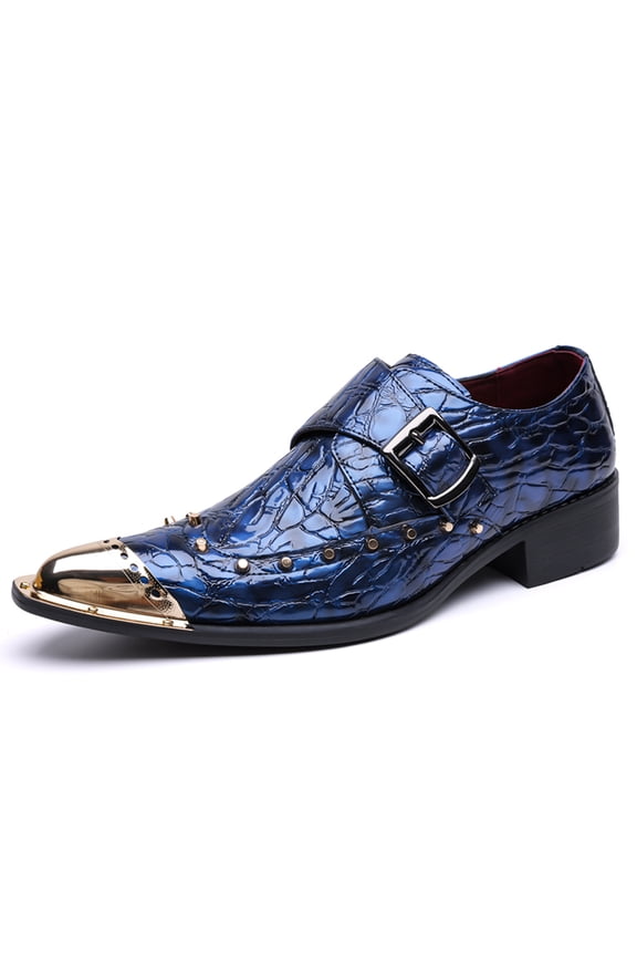 Men's Black Croc-Embossed Studded Gold-Toe Monk Strap Dress Shoes