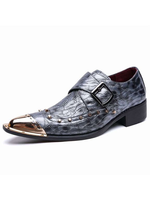 Men's Black Croc-Embossed Studded Gold-Toe Monk Strap Dress Shoes