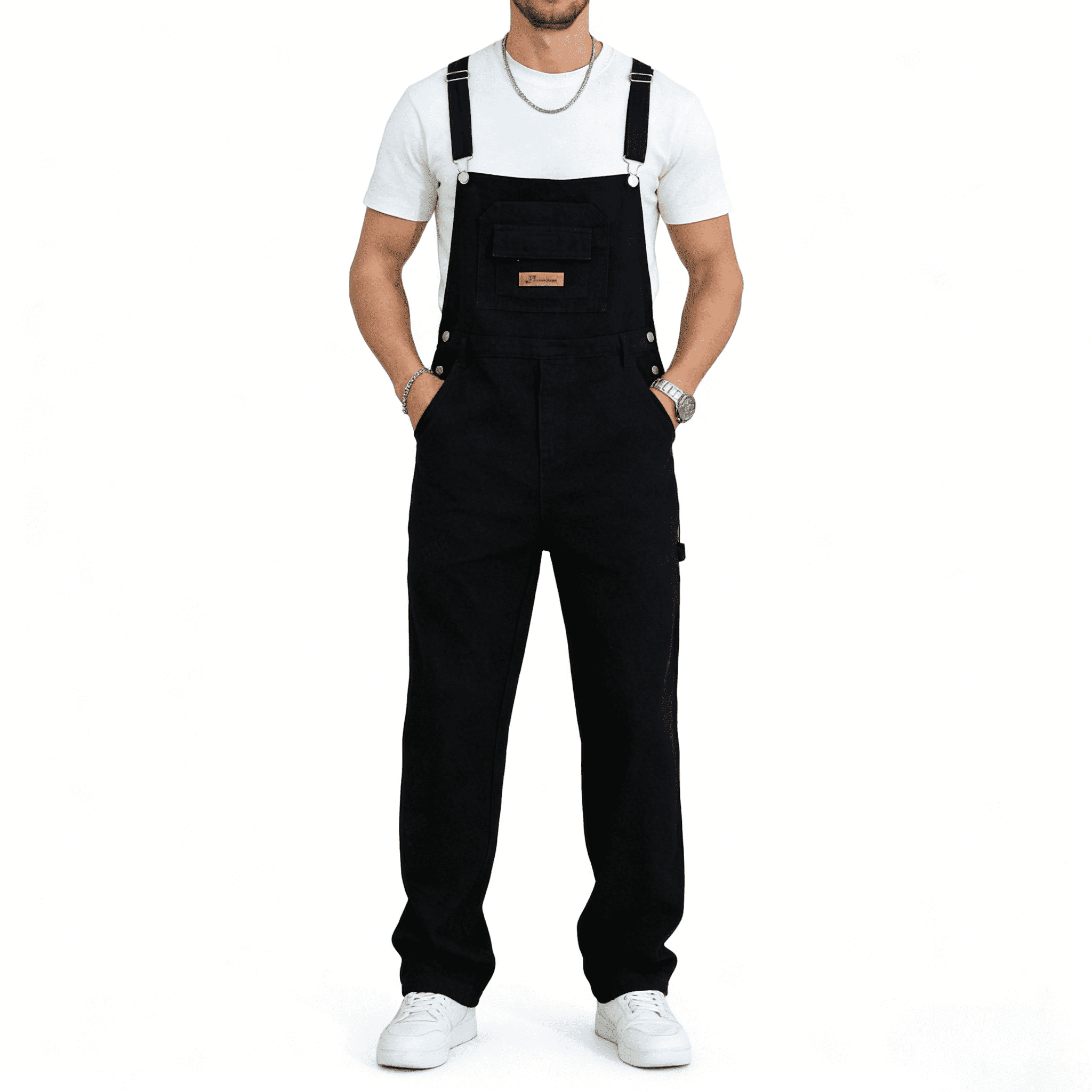 パンツ 50s WEAR WELL Milk Man Overall Men's Black Denim Bib Overalls, Loose Fit Workwear Overalls
