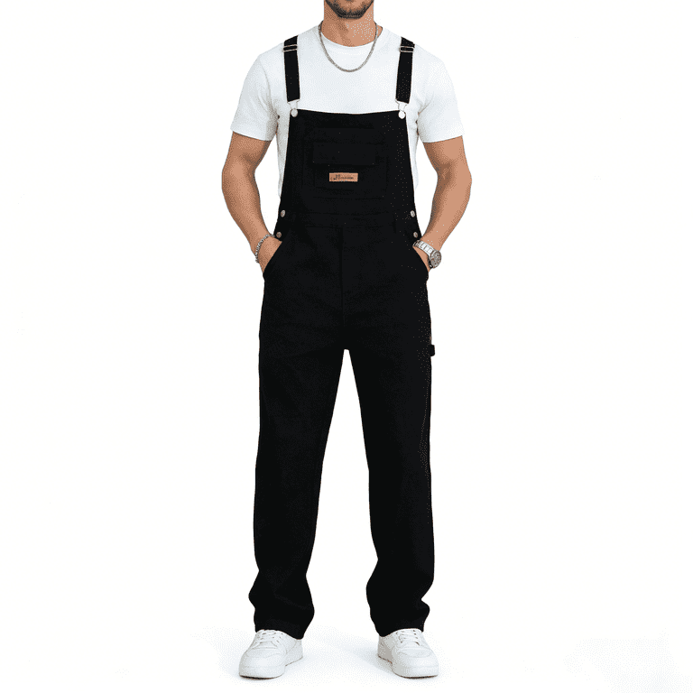 Men's Black Denim Bib Overalls, Loose Fit Workwear Overalls