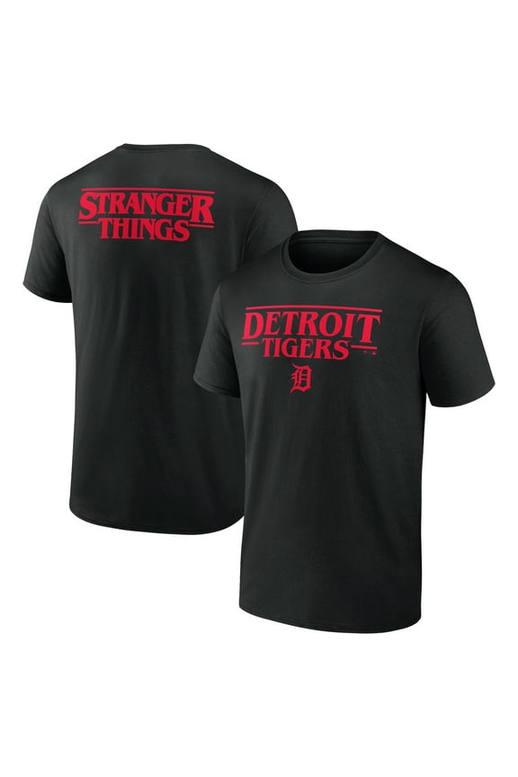 Men's Black Detroit Tigers Stranger Things Logo Lockup T-Shirt
