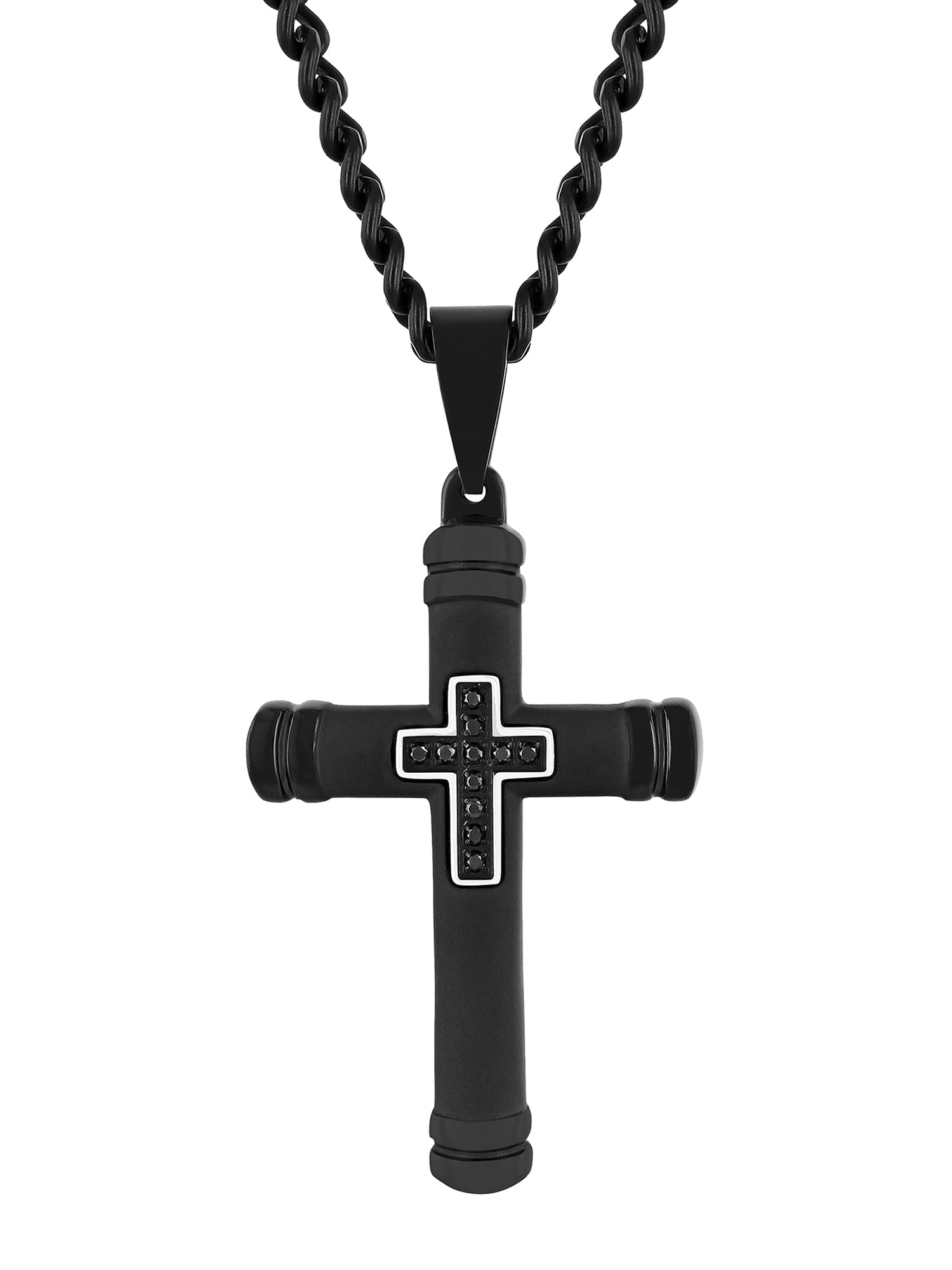 Men's Black Diamond Accent Black Finish Stainless Steel Cross