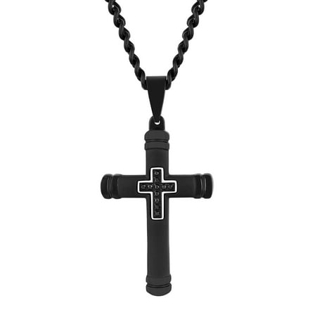 Men's Black Diamond Accent Black Finish Stainless Steel Cross Pendant 24" Necklace
