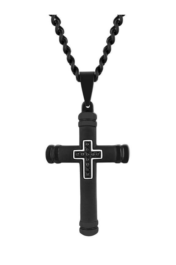 Men's Black Diamond Accent Black Finish Stainless Steel Cross Pendant 24" Necklace