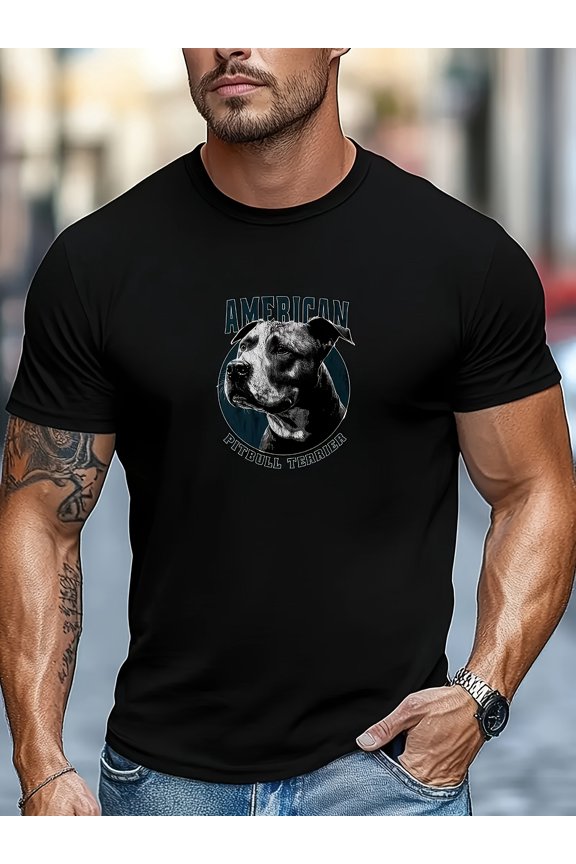 Men's Black Dog Pattern Summer Casual Crew Neck Short T-Shirt