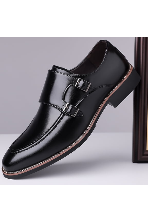 Men's Black Double Monk Strap Dress Shoes, Slip On Glossy Leather Square Toe Formal Business Loafers
