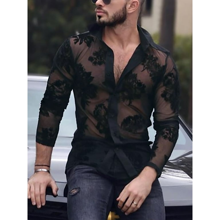 Men's Black Fancy Mesh See-through Tops Shirts Long Sleeve Sheer Shirts