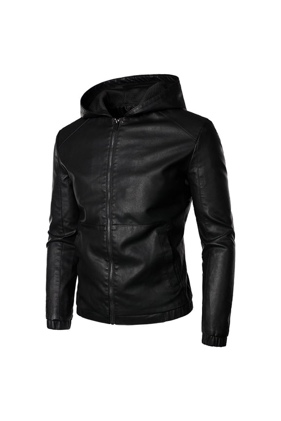Men's Black Faux Leather Hooded Motorcycle Jacket, Full Zip Biker Style Coat Casual Streetwear Outerwear for Spring, Fall and Everyday Use, Big and Tall Size M-5XL Black