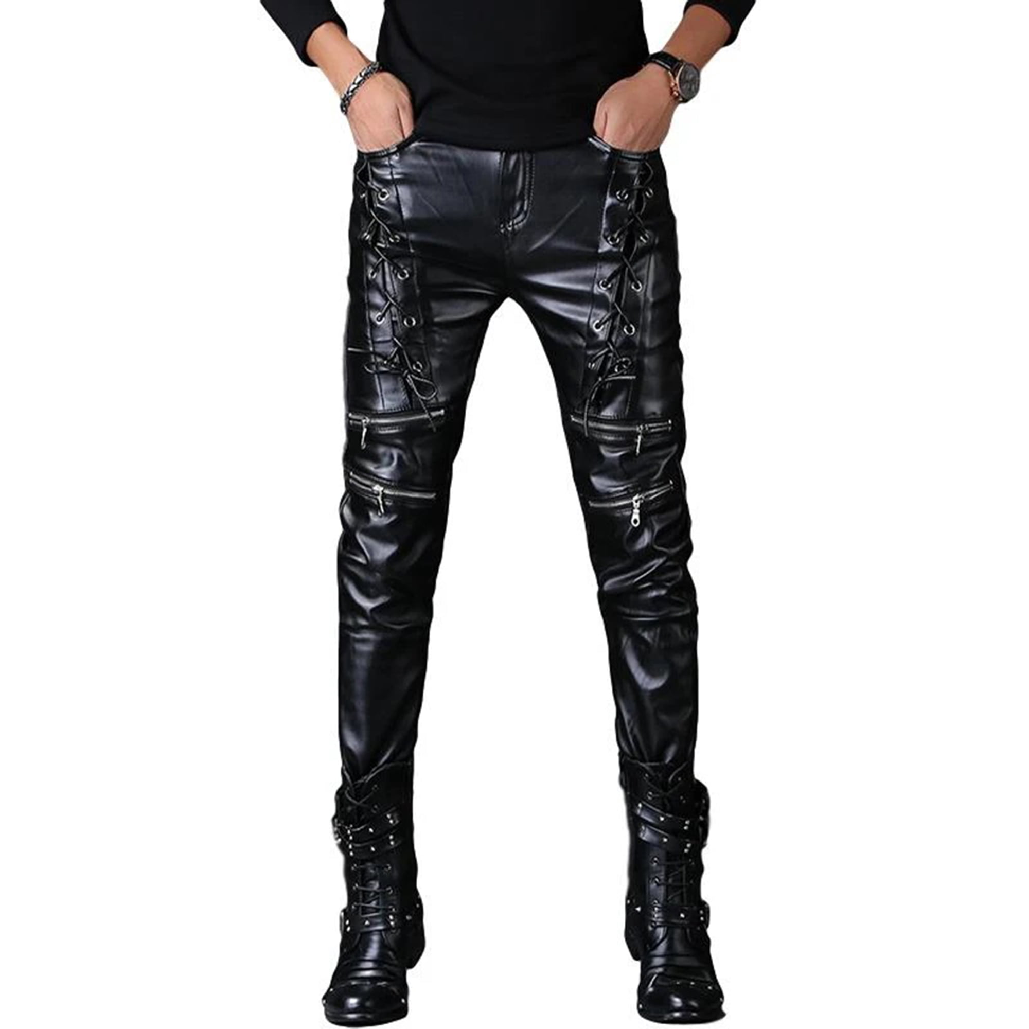 Men's Black Faux Leather Pants Shiny PU Side Lace-Up Punk Style Tight Leg Trousers