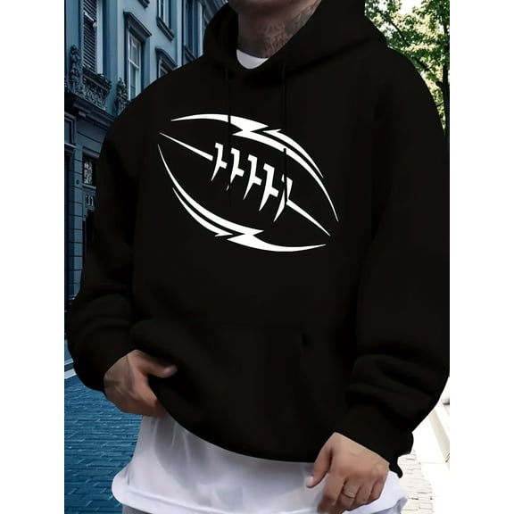 Men's Black Fleece-Lined Hoodie with Football Graphic Print - Casual Pullover Sweatshirt, Long Sleeve, Front Pocket, All-Season Comfort, Sweater Hoodie
