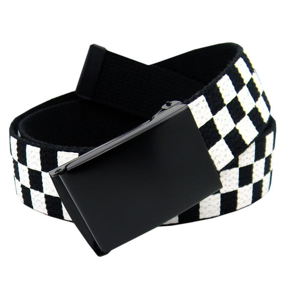 Men's Black Flip Top Military Belt Buckle with Canvas Web Belt Large Checkered