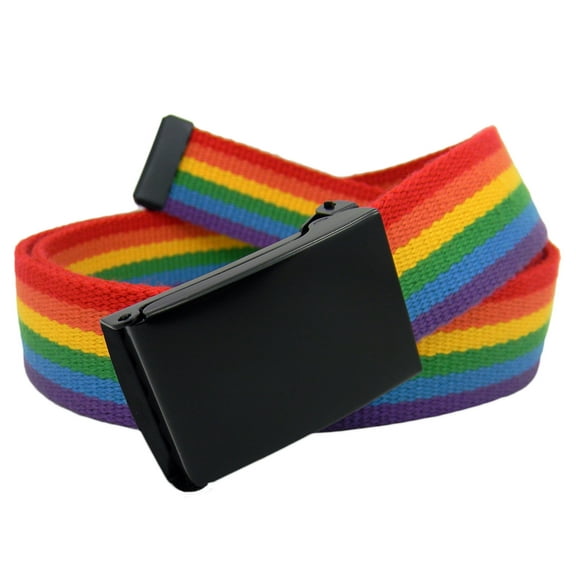 Men's Black Flip Top Military Belt Buckle with Canvas Web Belt Large Rainbow
