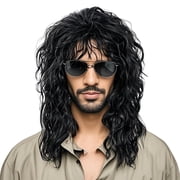 Men's Black Fluffy Mid-Length Curly Wig - High Temperature Wire Cosplay Hairpiece