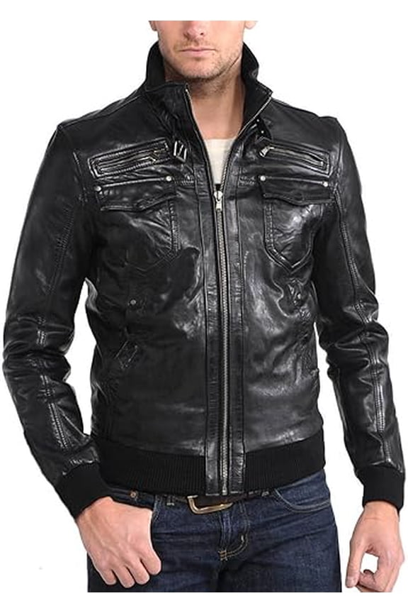 Men's Black Genuine Lambskin Bomber Leather Jacket Slim fit Motorcycle jacket A378