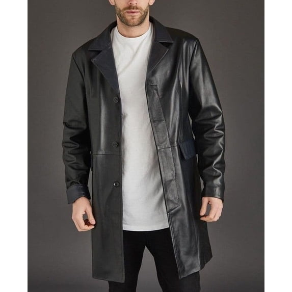 Men's Black Genuine Lambskin Leather Trench Coat, Leather Vintage Black Coat Jacket For Him, Men Black Leather Trench Coat, Christmas Gift For Him