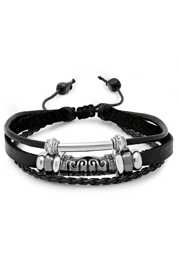 Men's Black Genuine Leather Bracelet With Alloy Medallion Rope Wrap