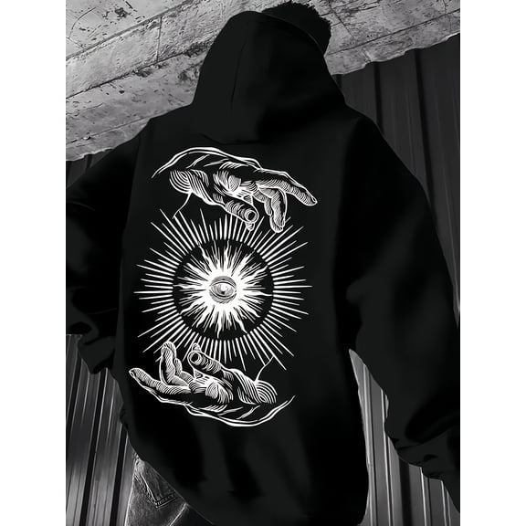 Men's Black Geometric Sunburst Graphic Hooded Sweatshirt - Casual Pullover with Back Print, Soft Fabric for Gym & Casual Attire Machine Washable