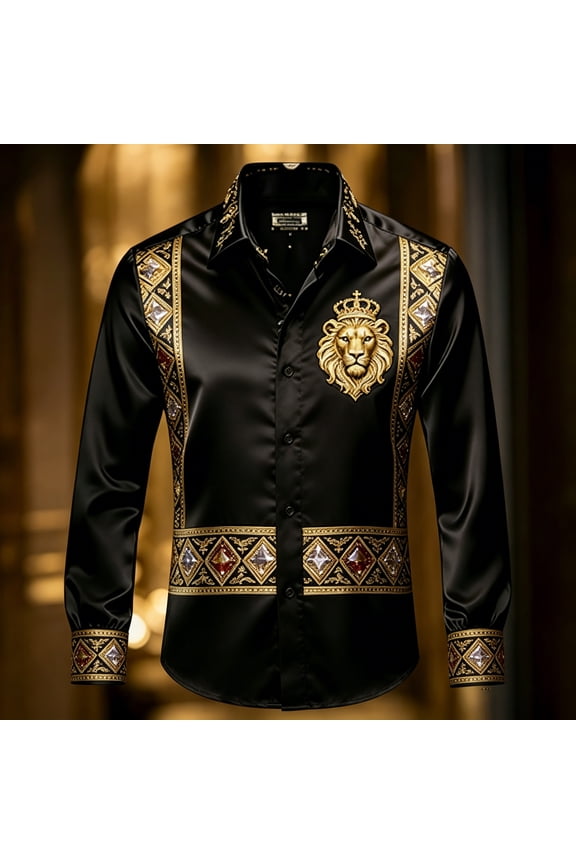 Men's Black Gold Baroque Stand Collar Long Sleeve Shirt, Retro Palace Style, Luxurious & Regal Vibe, Formal Wear, Ideal for Banquet & Celebration Occasions