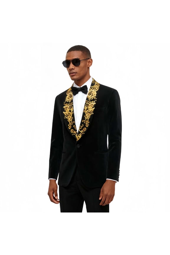 Men's Black Gold Embroidery Blazer, Court Prince Suit Jacket, Gold Embroidered Blazer