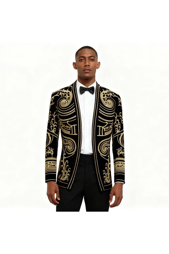 Men's Black Gold Embroidery Blazer, Court Prince Suit Jacket, Gold Embroidered Blazer