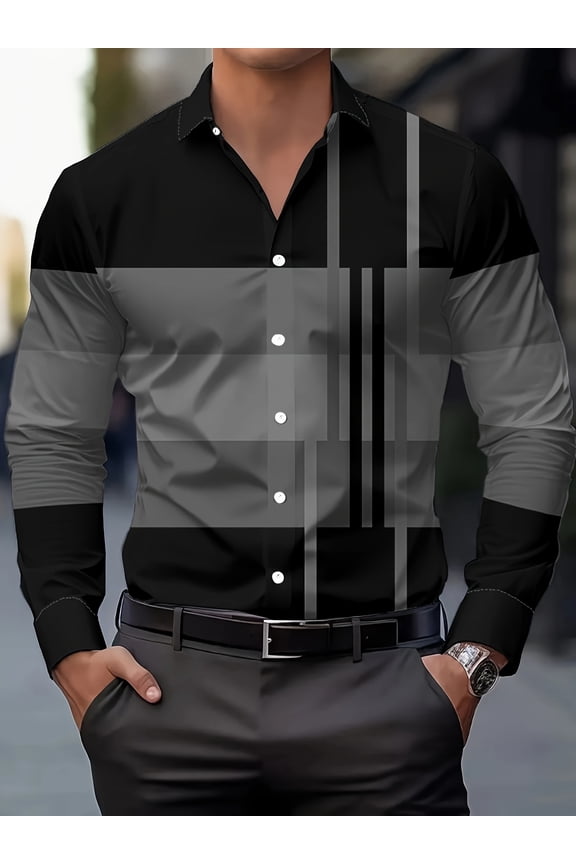 Men's Black & Gold Geometric Striped Shirt - Lightweight Long-Sleeve Button-Down Shirt, Bold Modern Patterns in Black, Gold & Taupe - Non-Stretch Fabric for Casual & Semi-Formal Wear - Machine Washab
