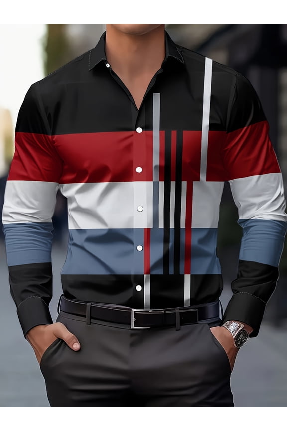 Men's Black & Gold Geometric Striped Shirt - Lightweight Long-Sleeve Button-Down Shirt, Bold Modern Patterns in Black, Gold & Taupe - Non-Stretch Fabric for Casual & Semi-Formal Wear - Machine Washab