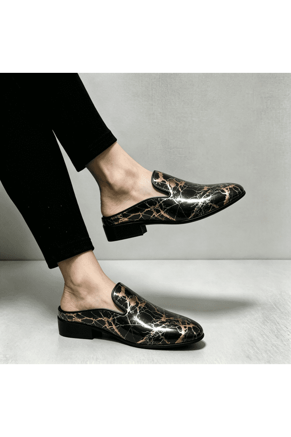 Men's Black Gold Marble Cracked Backless Mule Loafers Low Block Heel Slip On Luxury Party Formal Leather Shoes