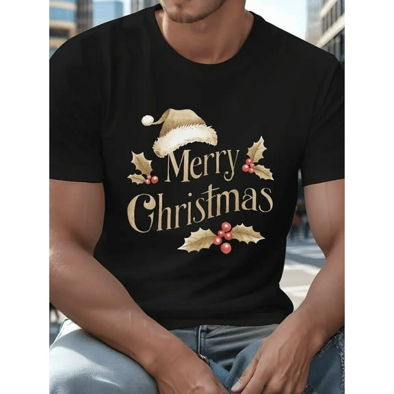 Men’s Black Gold Merry Christmas Holly Leaf T-Shirt