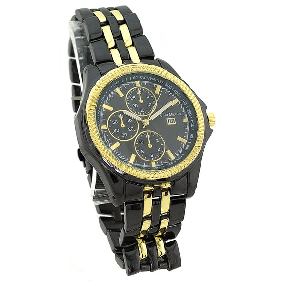 Mens Black & Gold-Tone Business/Clubbing Watch 46.5mm Case, Black Dial, Gold Bezel