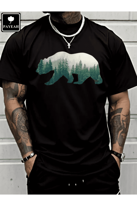 Men's Black Graphic T-Shirt Bear Forest Nature Print Short Sleeve Crew Neck Casual Tee