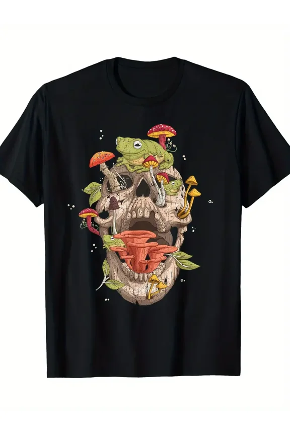 Men's Black Graphic T-Shirt - Frog Skull & Mushroom Vintage Design, Breathable Regular Fit Casual Tee for Indoor/Outdoor Wear, Machine Washable, Frog T Shirt