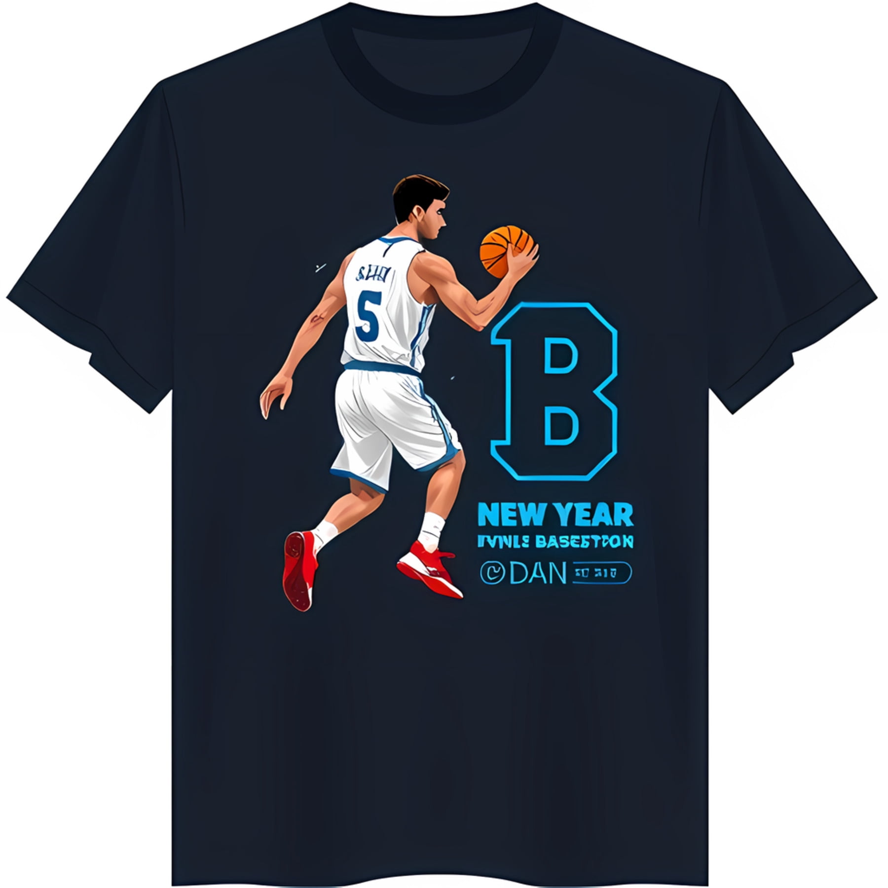 Men's Black Graphic T-Shirt Player #5 Dribbling with 'B' & New Year ...