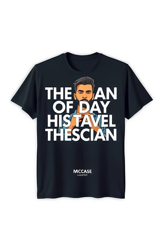 Men's Black Graphic T-Shirt with Bearded Man Print & 'THE MAN OF DAY' Text