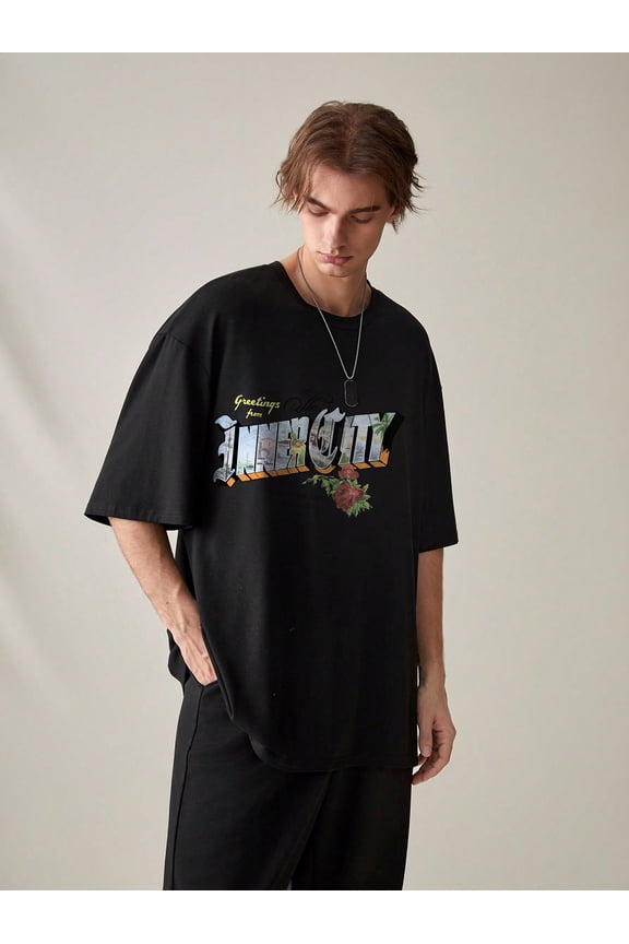 Men's Black Graphic Tee: 100% Polyester, Vibrant Prints for Casual & Urban Looks
