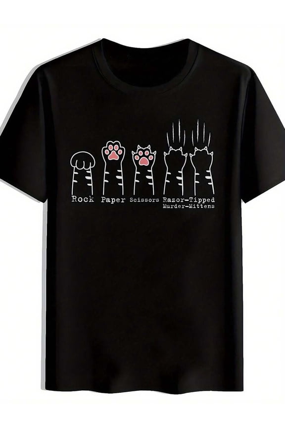 Men's Black Graphic Tee - Rock Paper Scissors Design, Casual Crew Neck Short Sleeve T-Shirt, Soft Polyester Fabric, Summer Essential For Casual Attire, Graphic Tshirt  Playful Graphic Tee  Machine Wa