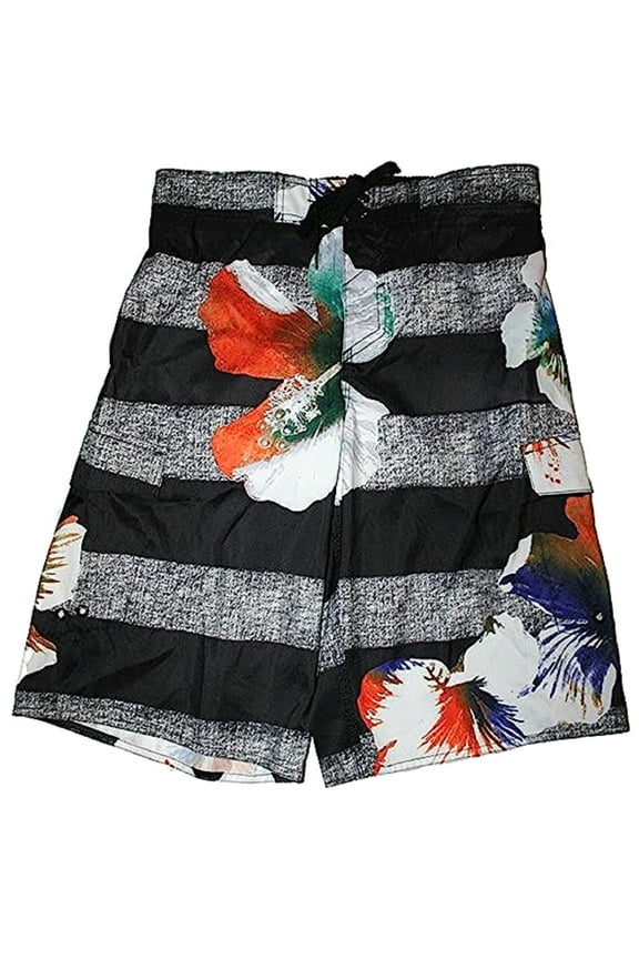 Men's Black & Gray Striped Swimming Trunks with Hibiscus Flowers - Size SM