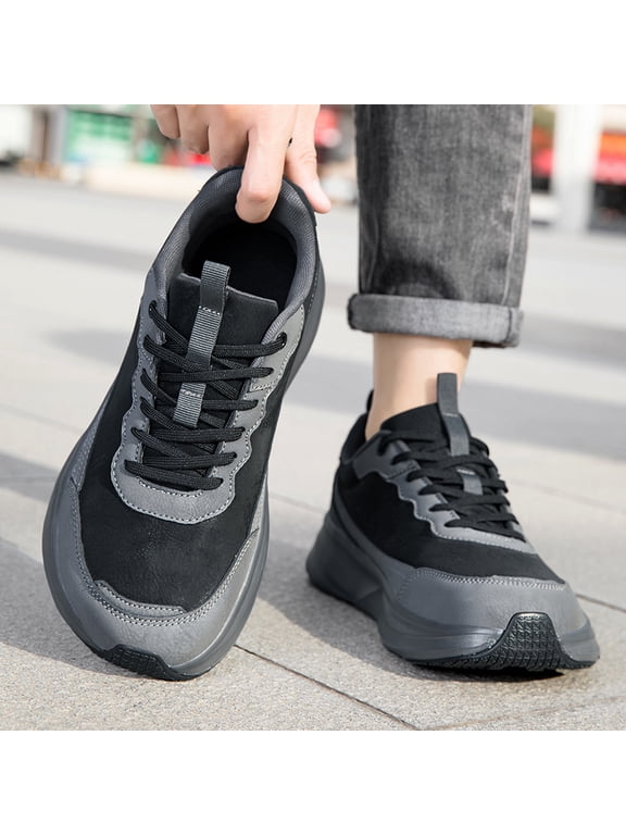 Men's Black Gray Suede Patchwork Lace Up Platform Casual Sneakers, Cushioned Non-Slip Retro Walking Trainers, Wide Toe Street Outdoor Daily Footwear