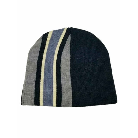 Men's Black Grey Cream Stripe Winter Beanie Stocking Cap Hat